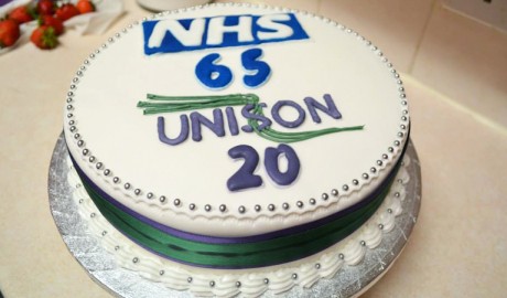 UNISON Cymru/Wales birthday cake for the NHS 65th birthday and UNISON's 20th birthday