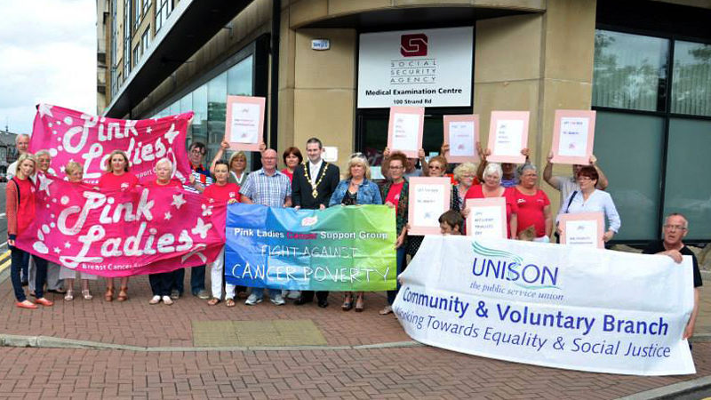 Members of UNISON join Pink Ladies campaigners outside an ATOS assessment centre