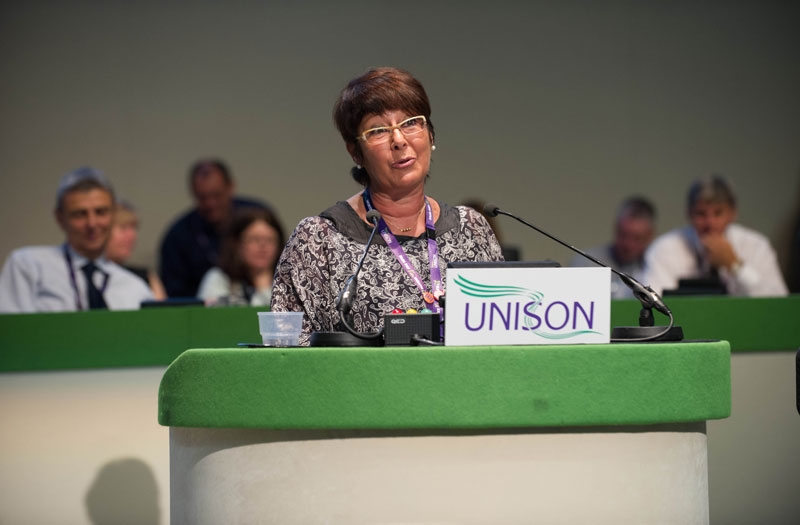 Rosa Pavanelli, general secretary of PSI addresses delegates in Brighton. Photo: Marcus Rose / Workers' Photos.