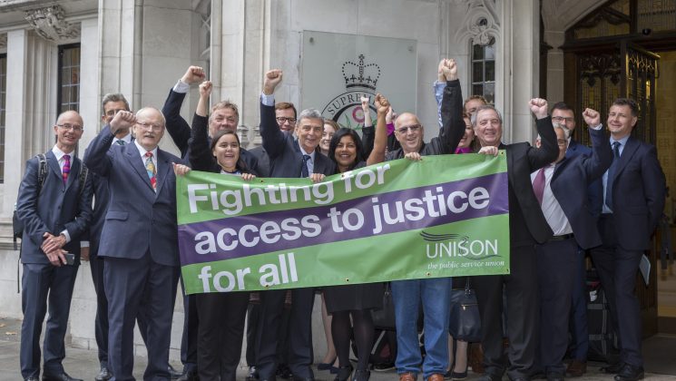 UNISON celebrates its landmark victory over the scrapping of employment tribunal fees at the Supreme Court in London in 2018 with then general secretary Dave Prentis. Westminster, London. United Kingdom