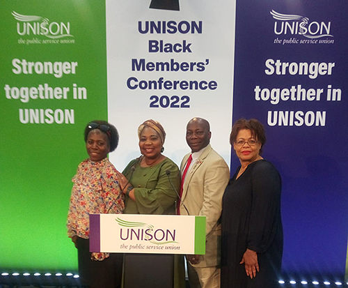 l-r: UNISON national officer for race equality Margaret Greer, national Black members’ committee deputy chair Rakiya Suleiman, national Black members’ committee chair Kebba Manneh, and UNISON head of equality Gloria Mills.
