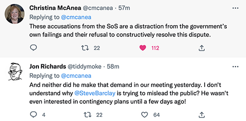 Screen grabs of tweets by Christina McAnea and Jon Richards