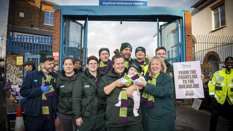 Ambulance strikers with Christina McAnea and a baby at Deptford